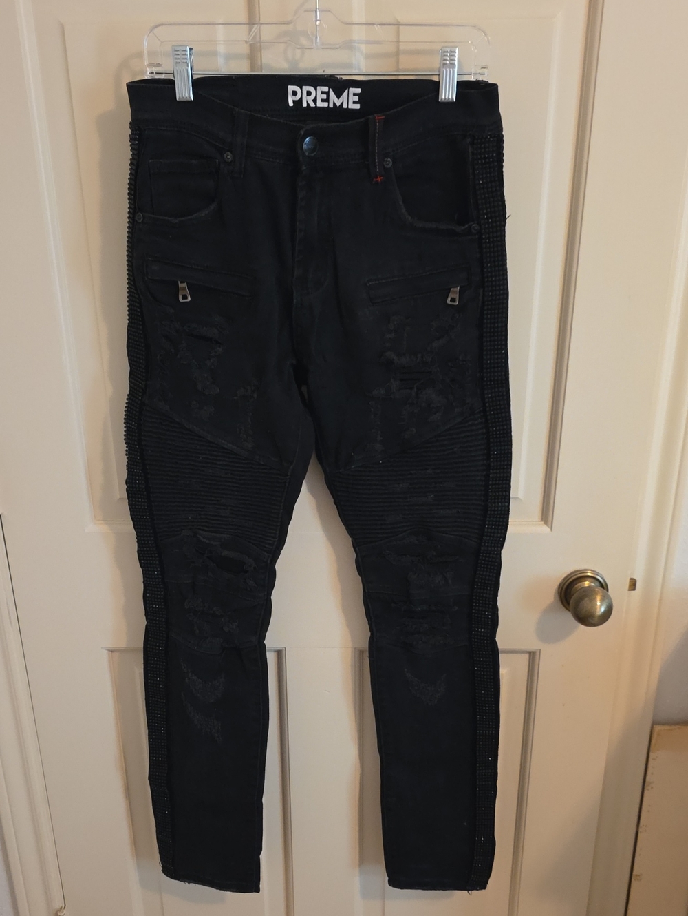 PREME Men's Black Straight Jeans with Ribbed & Distressed Detailing